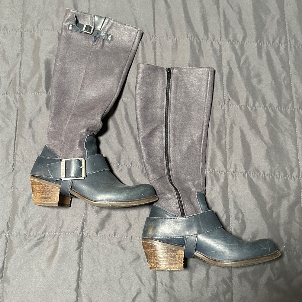 John Fluevog Gray and Blue Knee-High Boots with Buckle